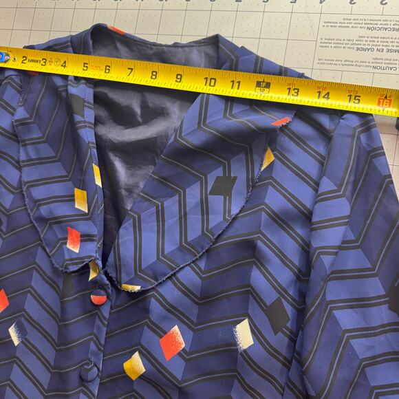 Vintage 80s Geometric Chevron Tunic Blouse Sheer Panels Blue Art Deco Pattern L - Picture 13 of 16